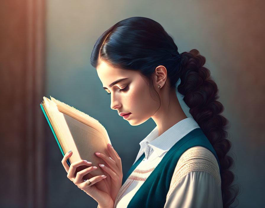 Woman with braided ponytail reading book in vintage outfit under soft lighting