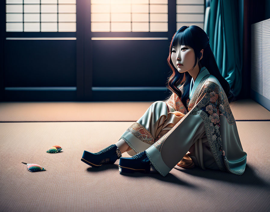 Traditional Japanese woman sitting on tatami floor with two items near shoji doors