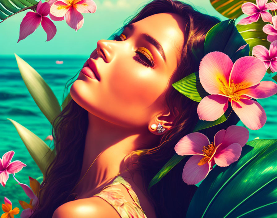 Woman with Golden Makeup Surrounded by Tropical Flowers and Ocean Backdrop