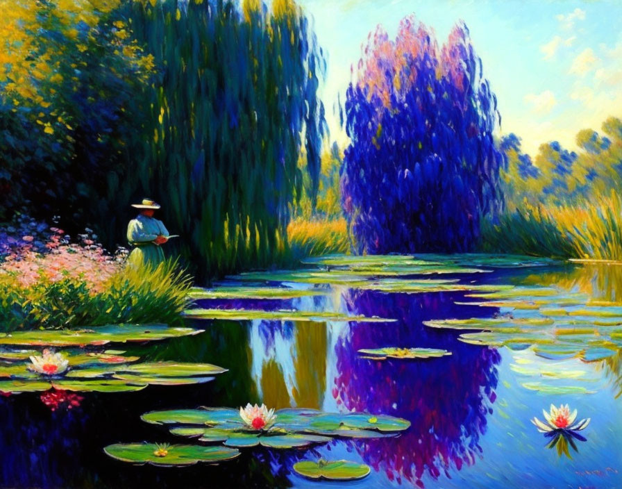 Colorful painting of person by pond with water lilies and lush nature scenery