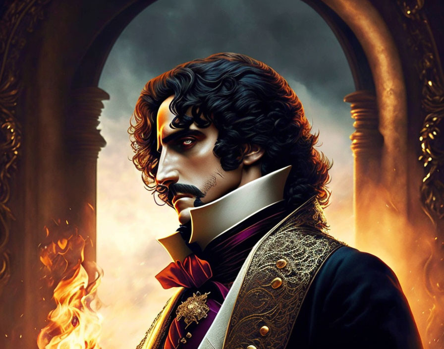 Digital portrait of a man with mustache and curly hair in dark attire against fiery background