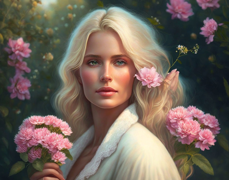 Blonde Woman Portrait with Pink Flowers and Bouquet