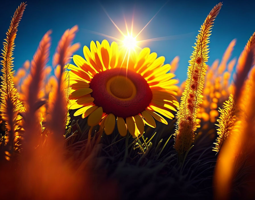 Sunflower in golden wheat field under bright sun.