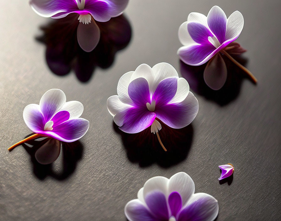 Purple and White Flowers with Yellow Centers on Dark Textured Surface