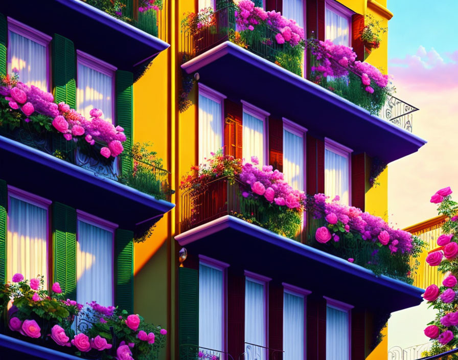 Vibrant Yellow Building with Blue Shutters and Pink Flowers