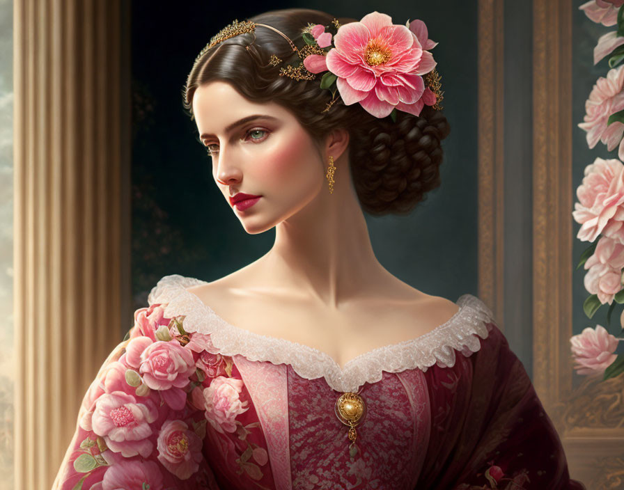 Classic Portrait: Woman with Floral Hairpiece & Pink Dress