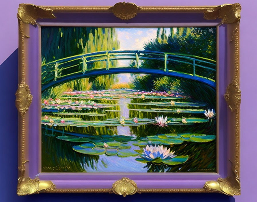 Colorful Garden Painting with Bridge and Lily Pond in Gold Frame