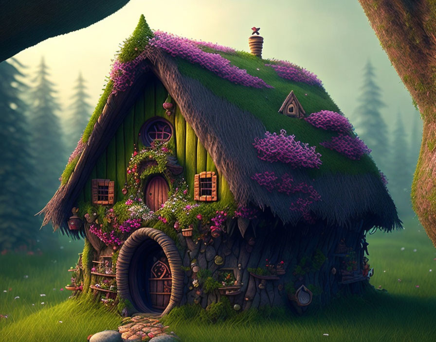 Thatched Roof Cottage with Greenery and Purple Flowers in Forest