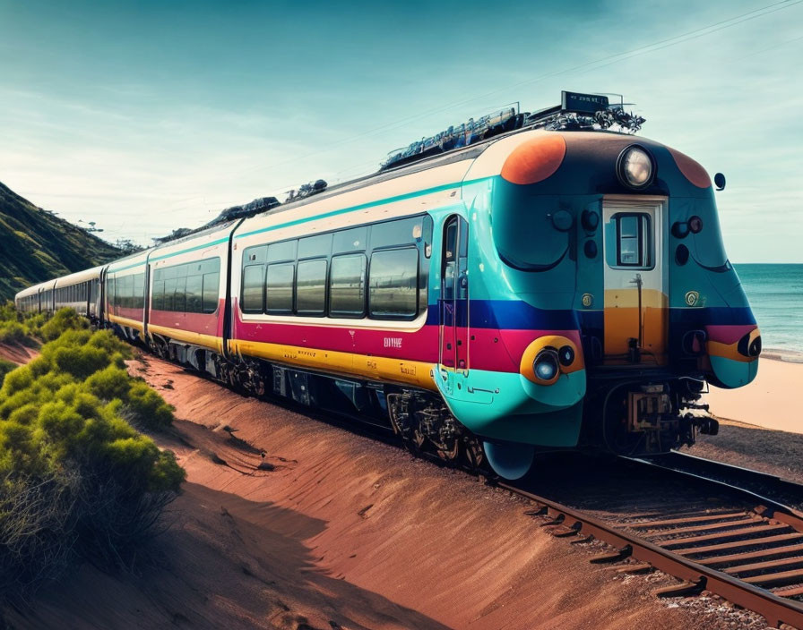 Modern colorful train on coastal railway with sandy embankments