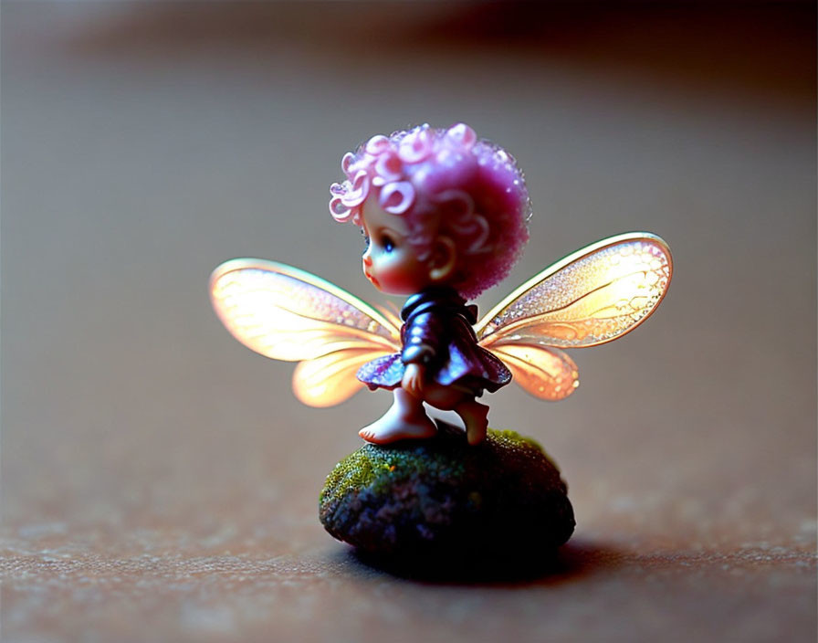 Whimsical fairy figurine with translucent wings and curly pink hair on mossy surface