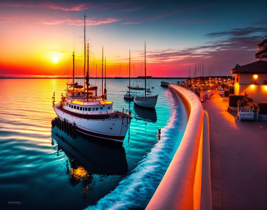 Vibrant sunset over serene marina with moored boats and illuminated buildings