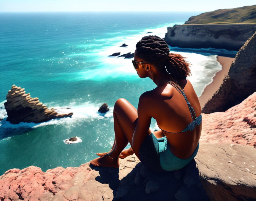 Swimsuit-clad person on rocky cliff gazes at blue ocean