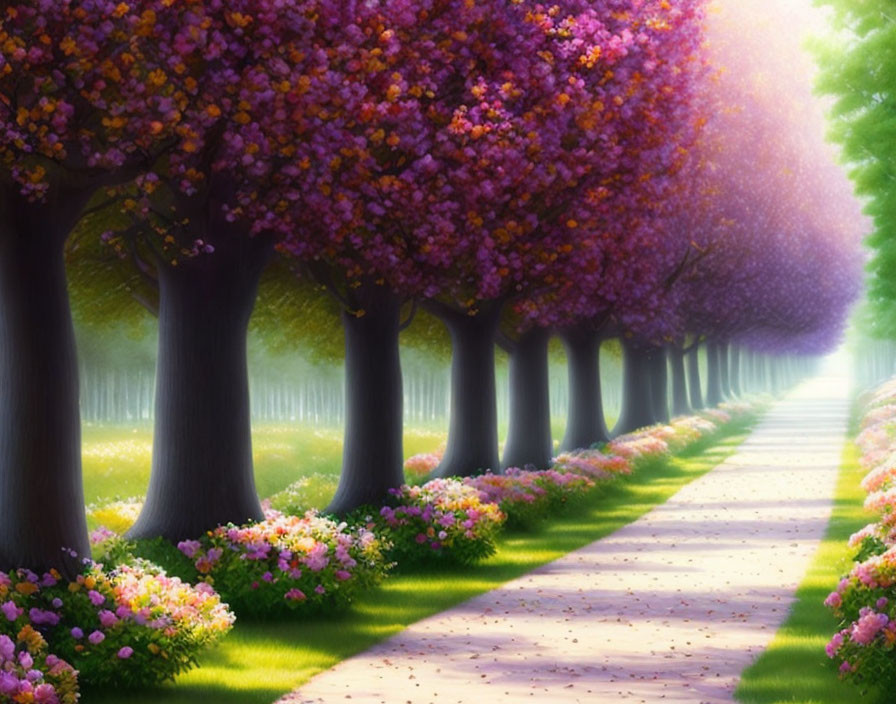 Tranquil tree-lined path with vibrant purple blossoms and lush green surroundings