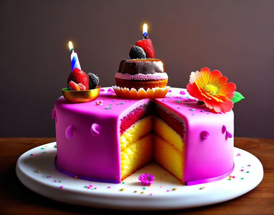 Colorful two-tiered birthday cake with candles and sprinkles on white plate