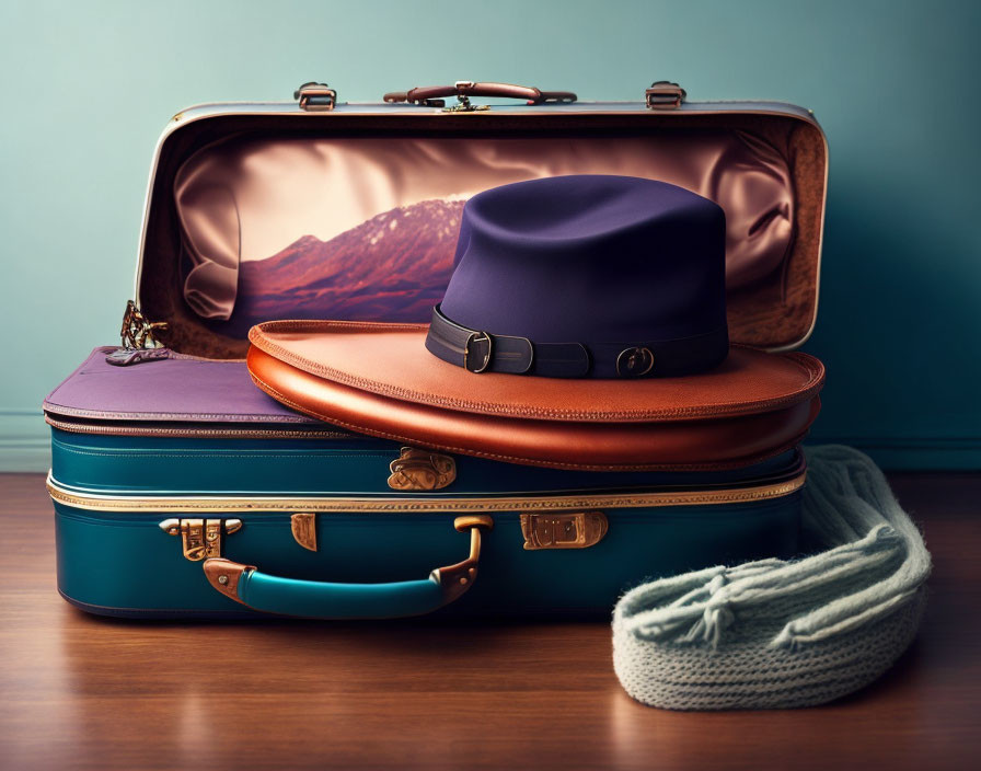 Stacked suitcases with scenic picture, purple hat, and gray scarf against teal wall