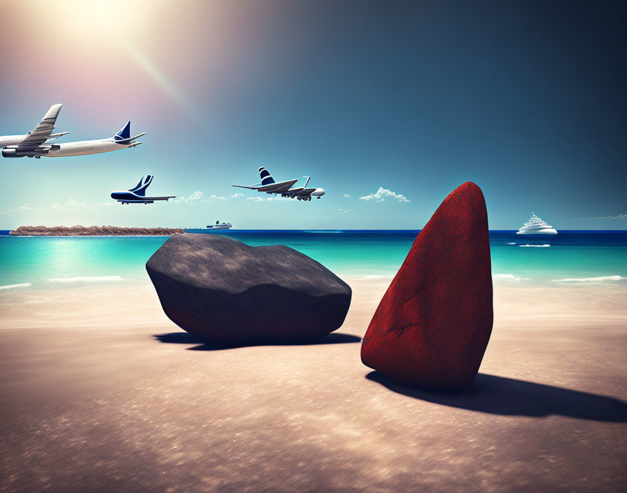 Vibrant tropical beach with colorful rocks, planes, and cruise ship