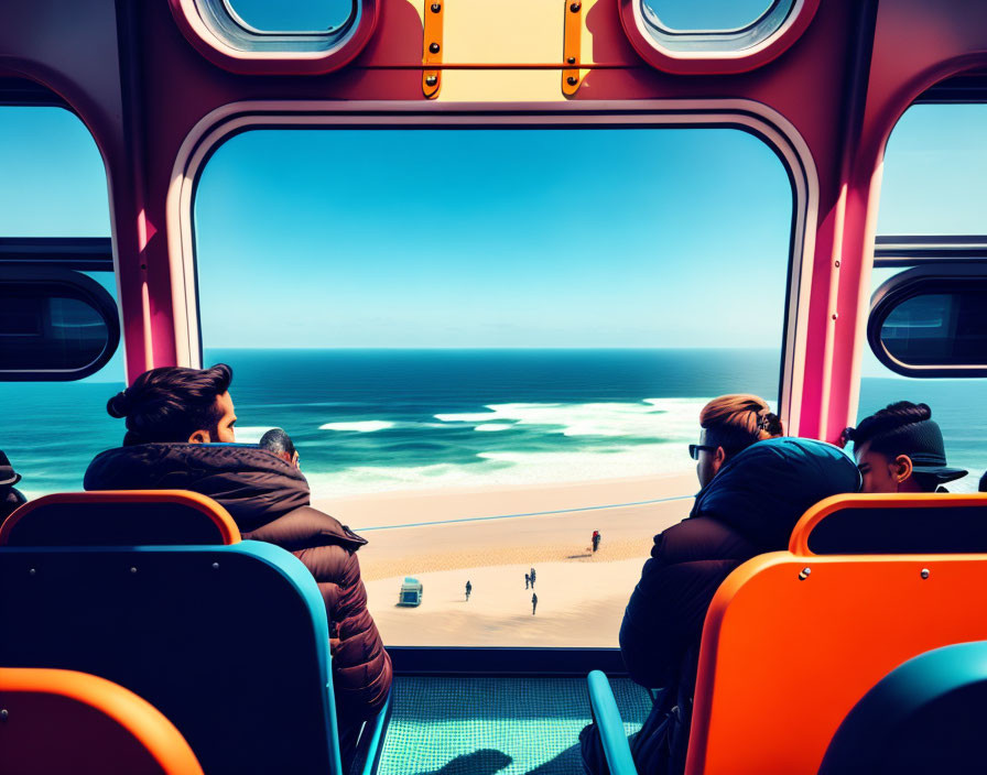 Three passengers in colorful vehicle overlooking ocean beach scene