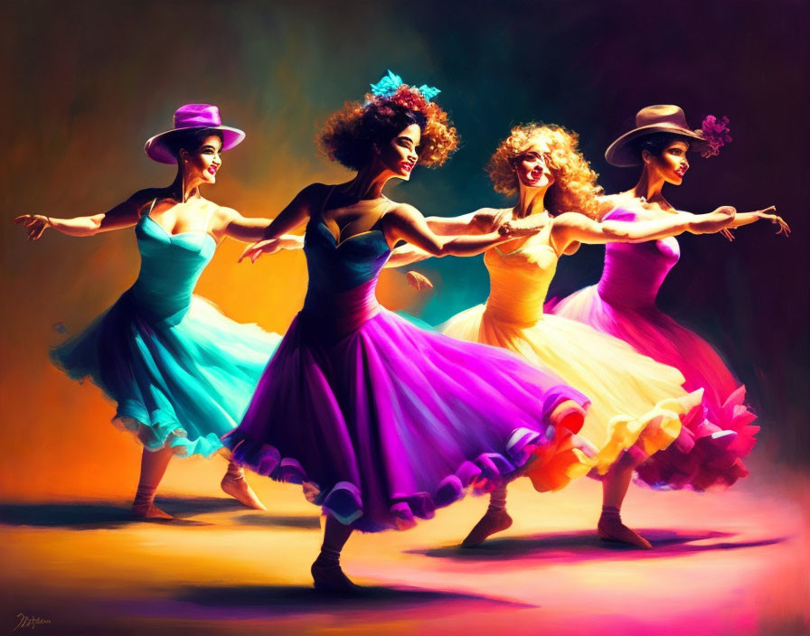Vibrant dancers in colorful dresses and hats against warm backdrop