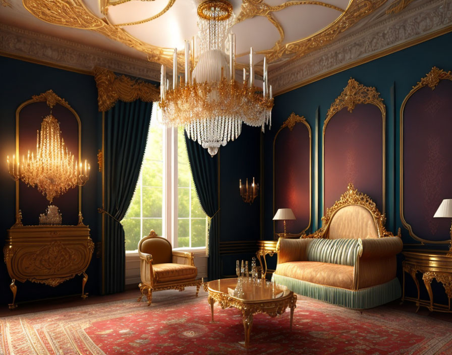 Luxurious Golden Bed, Chandelier, Glassware Table in Classical Room