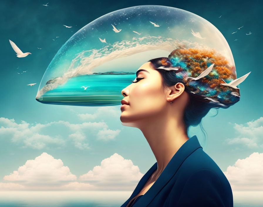 Surreal image: Woman with open head revealing tranquil inner world