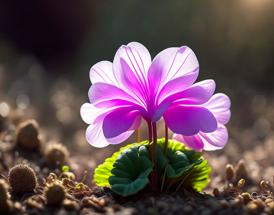 Purple Flower in Sunlight with Delicate Petals and Leaves Emerging from Earth