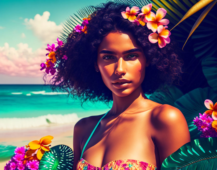 Curly-Haired Woman in Tropical Bikini on Beach with Palm Leaves