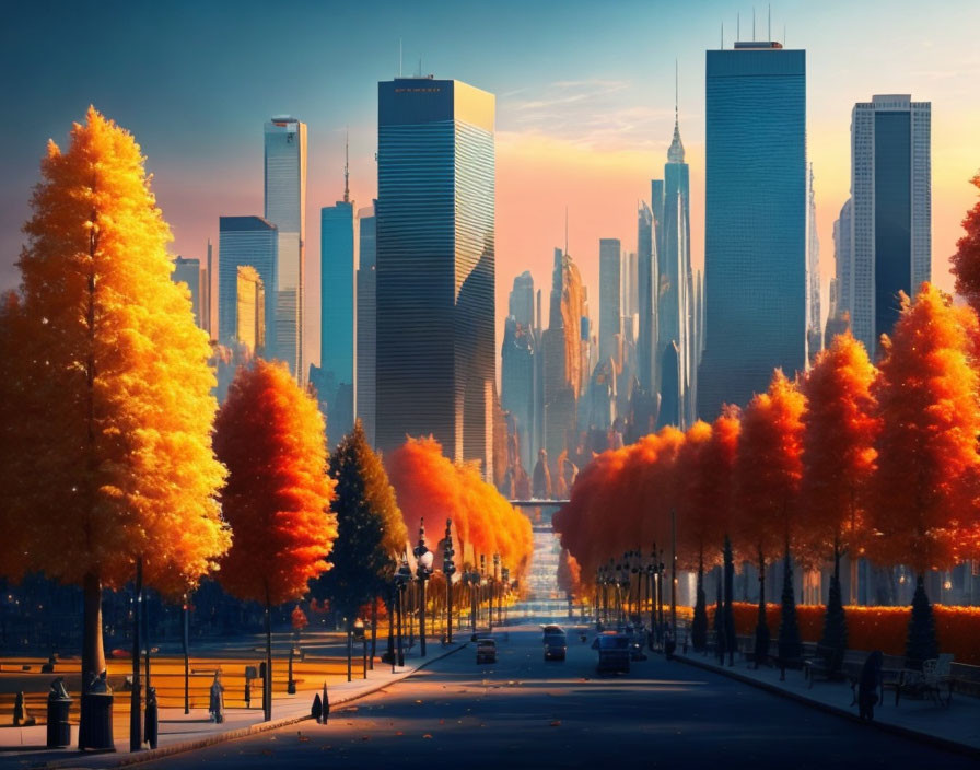 Cityscape with skyscrapers and autumn trees at sunset