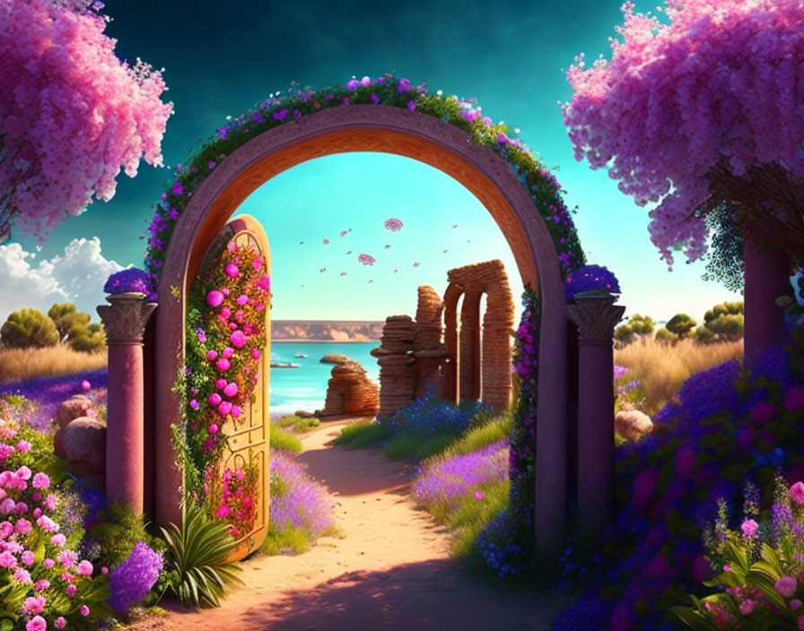 Arched doorway reveals vibrant beach scene with purple flowers and floating petals