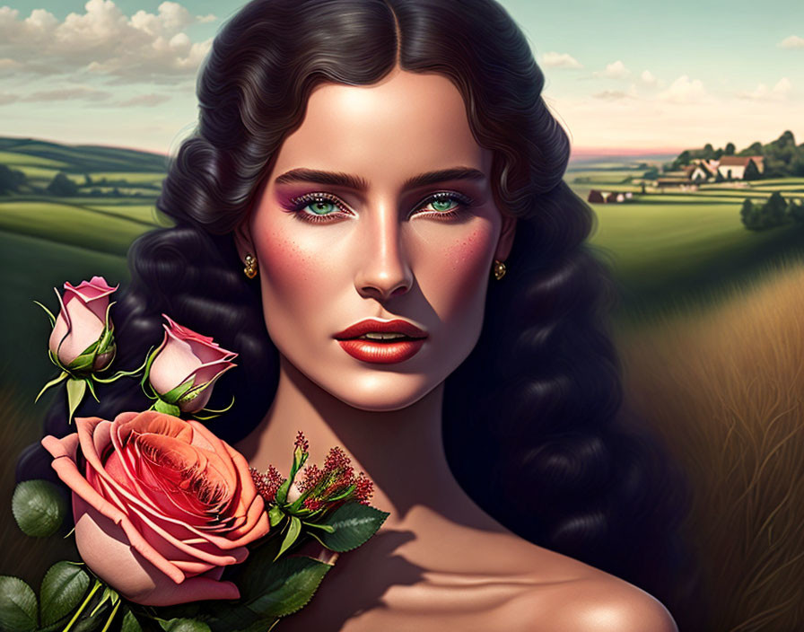 Digital artwork: Woman with green eyes & curly hair holding pink rose in pastoral landscape