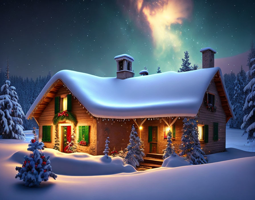 Snowy log cabin with festive lights in aurora borealis night scene