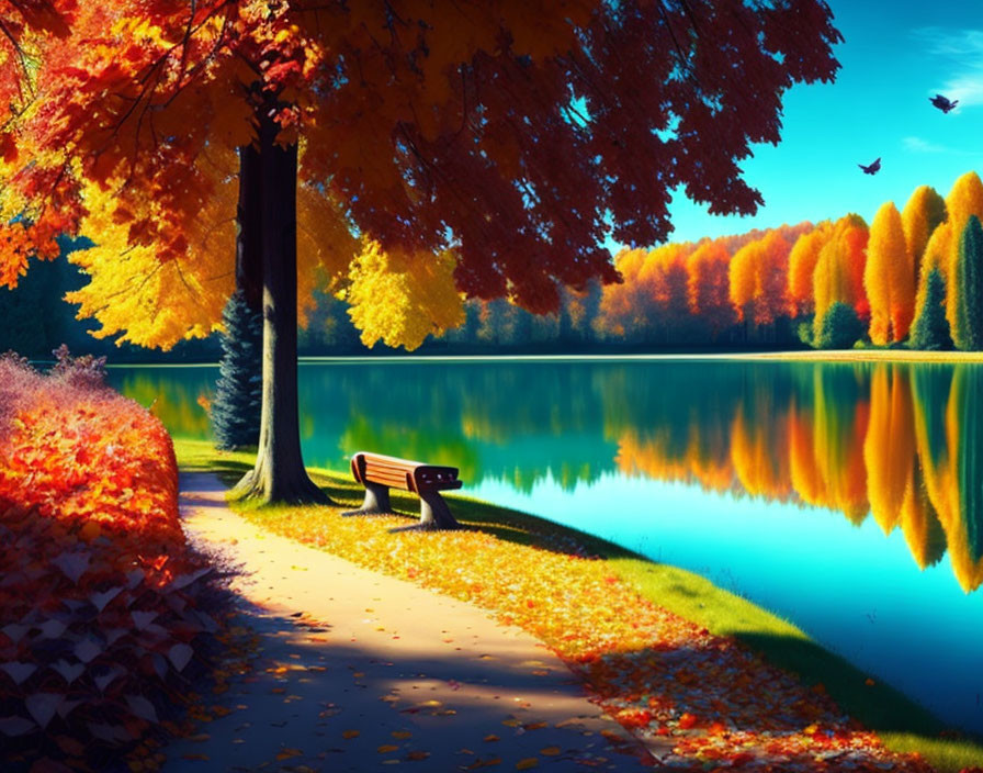 Tranquil autumn park bench by lake with vibrant foliage