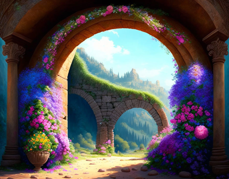 Vibrant flower-adorned garden archway with stone bridges