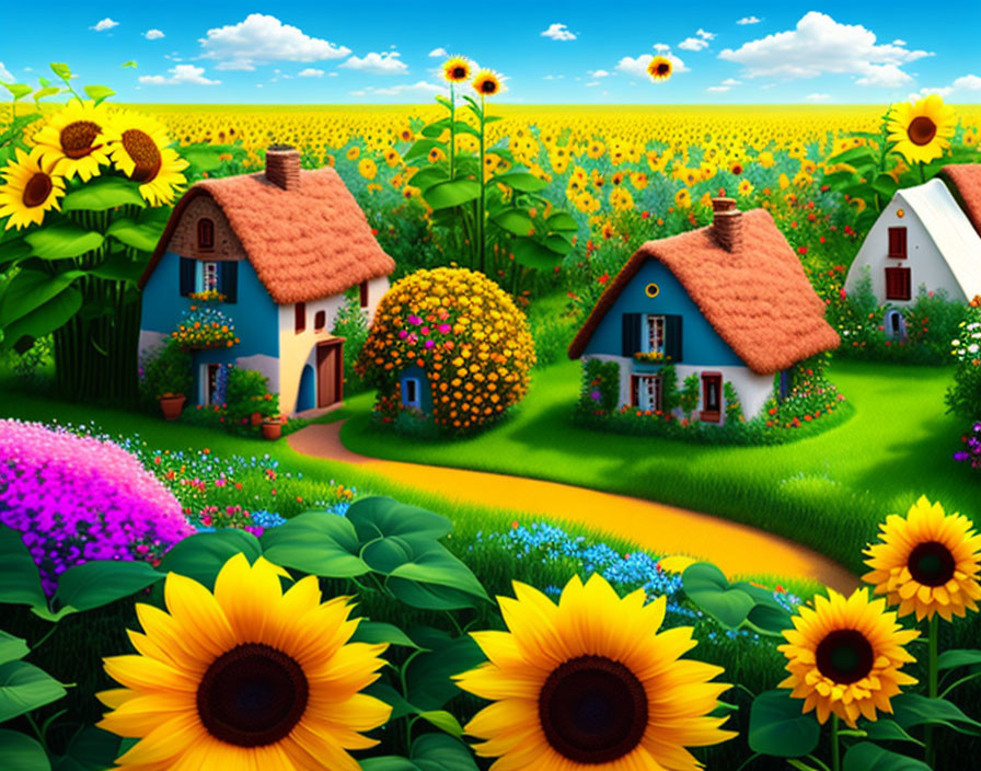 Vibrant village scene with colorful houses, flowers, and sunflowers under clear blue sky