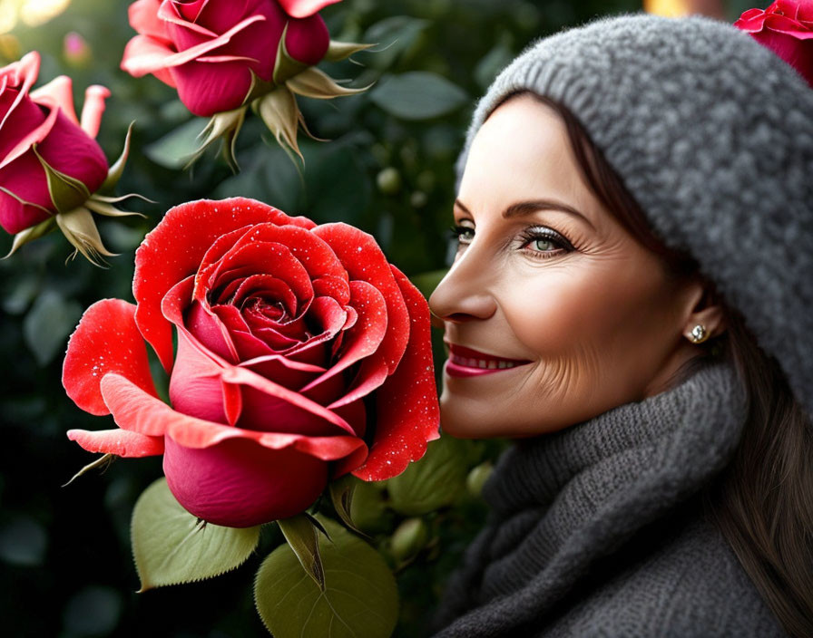 Smiling woman in grey beanie and scarf with dew-covered red rose