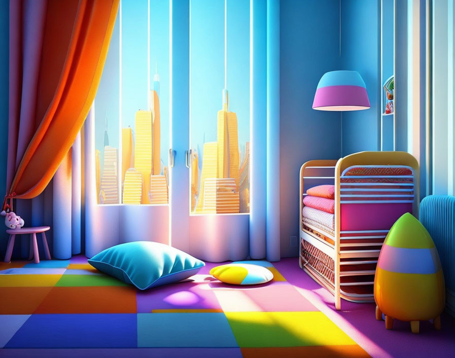 Vibrant Children's Room with Bunk Bed and City View