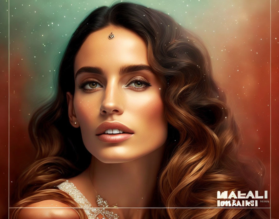 Brown-haired woman with hazel eyes in makeup, set against nebula backdrop with Arabic script.