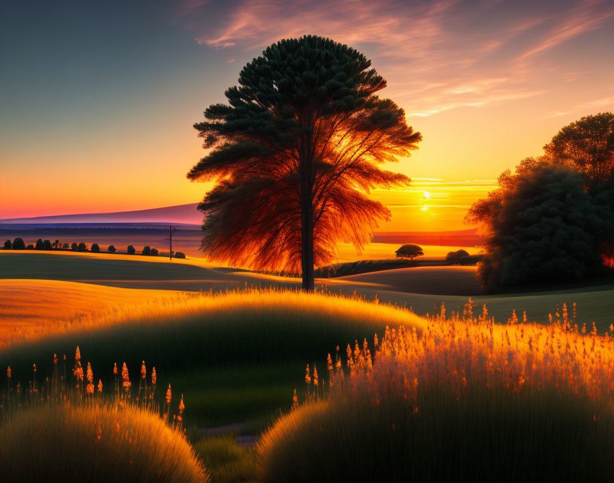 Lone tree in golden wheat field at vibrant sunset