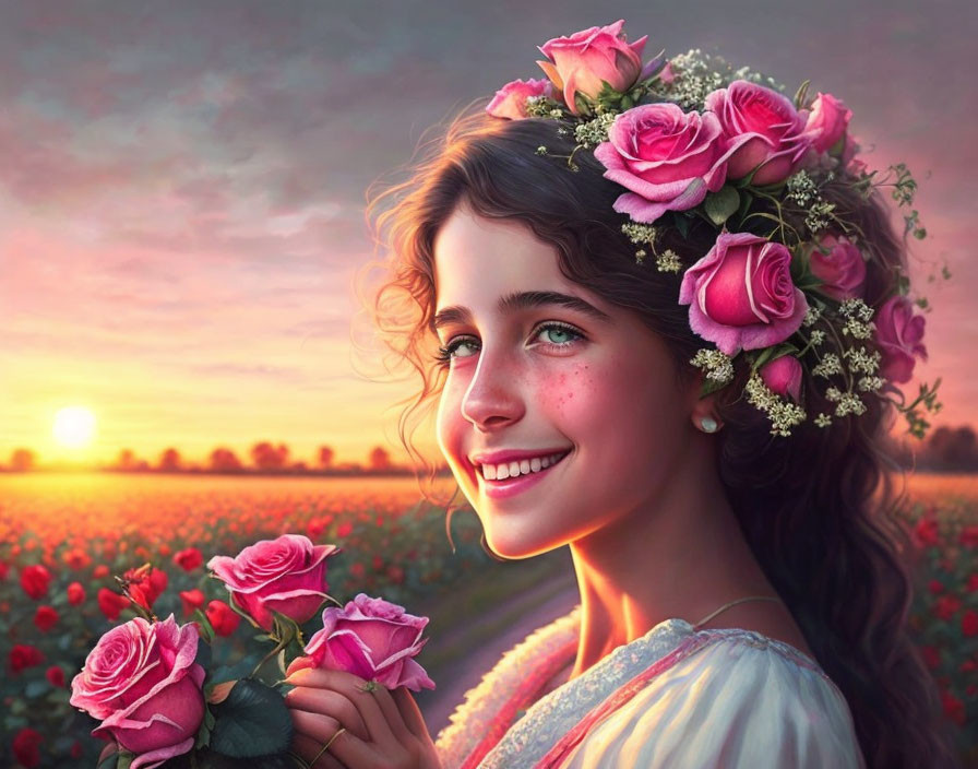 Smiling young woman with flower crown holding rose in blooming field at sunset