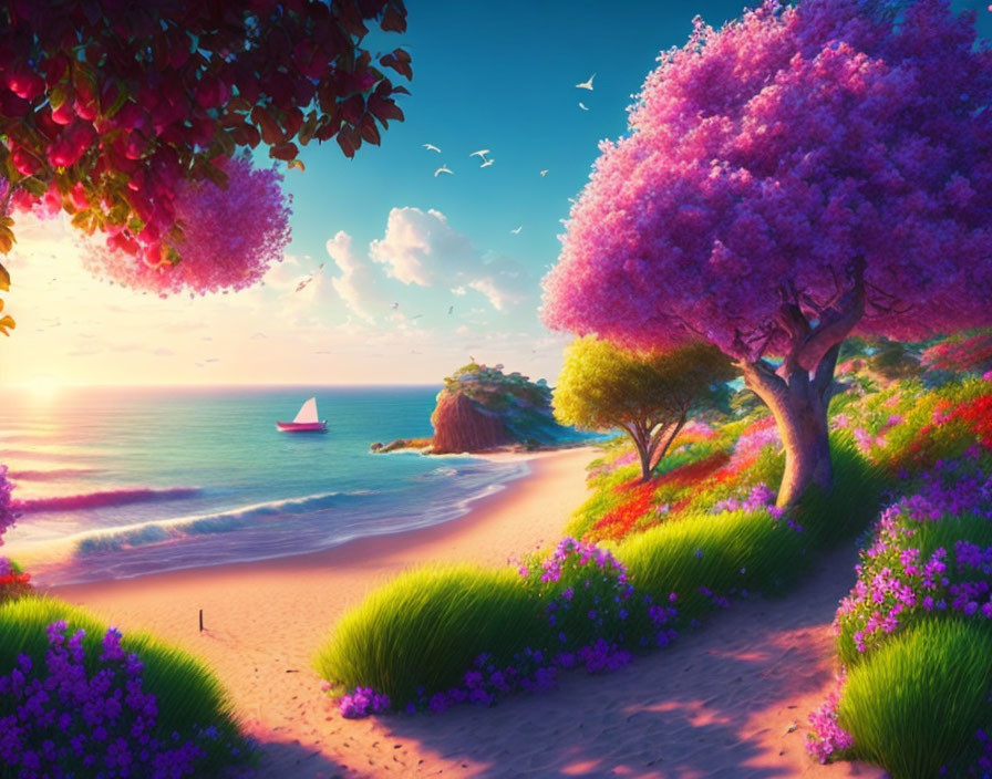 Colorful beach sunset with purple trees, greenery, boat, birds