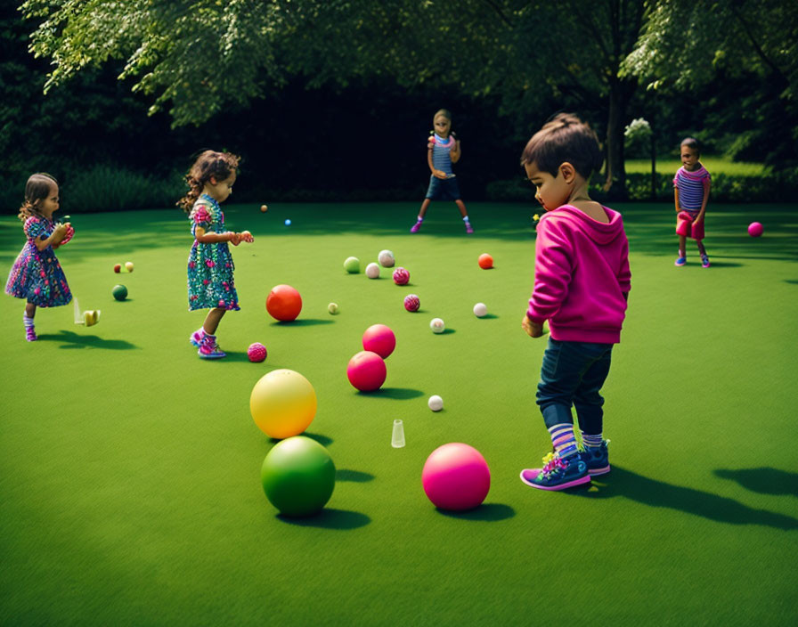 Children playing with colorful balls on green lawn, boy in pink hoodie amidst scattered balls