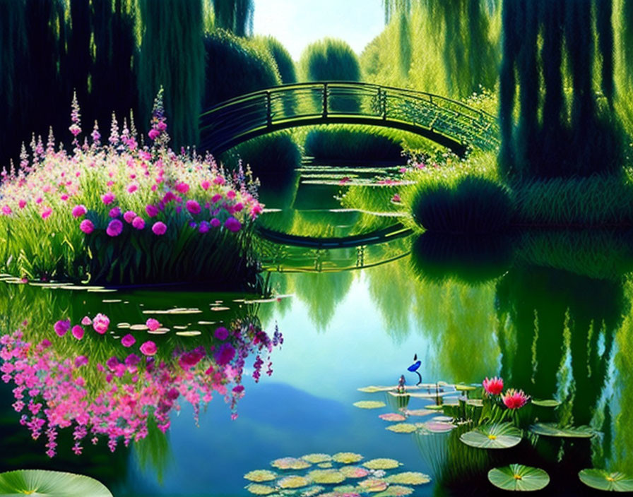 Tranquil garden scene with pond, flowers, willow trees, bridge, lily pads &