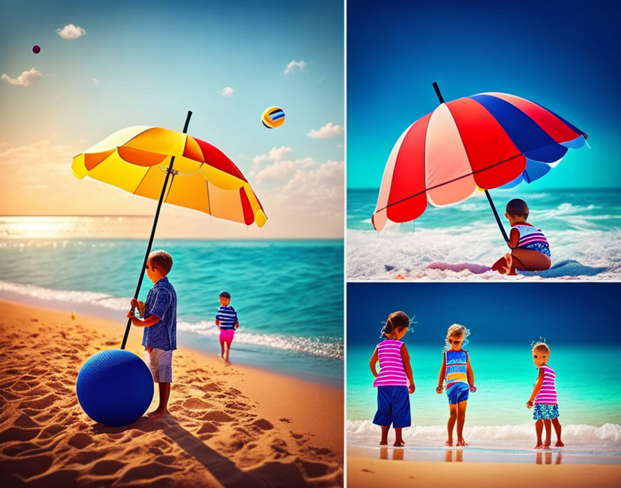 Colorful Beach Scenes: Umbrellas, Kids Playing, Toddler by the Sea