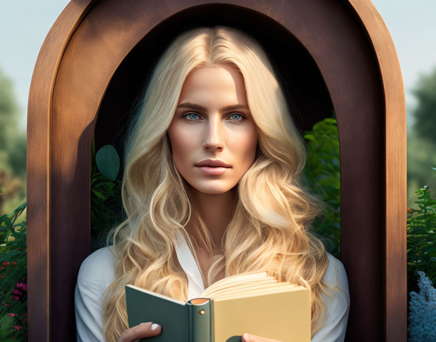 Blonde woman reading book under wooden archway surrounded by greenery