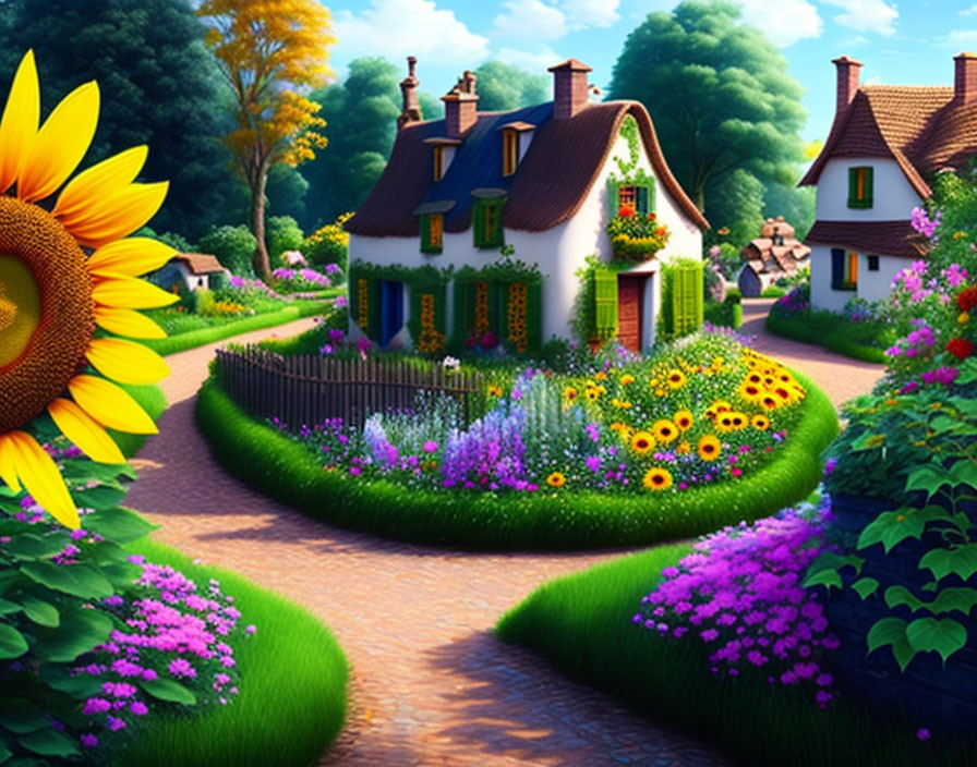 Charming cottage with flower garden and sunflower in lush setting