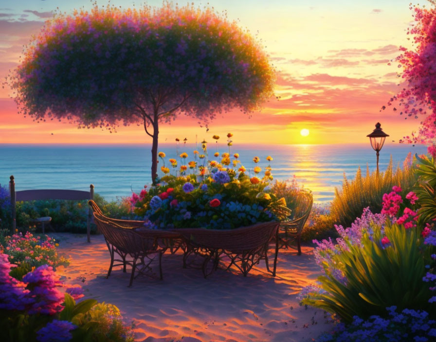 Tranquil sunset scene with vibrant flowers, tree, benches, lamp post, and warm glow