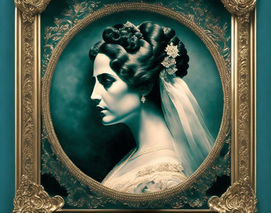 Vintage-style portrait of woman with elaborate hairstyle and veil on teal background in ornate gold frame