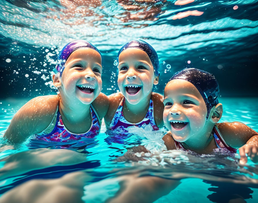 Children in swim caps and goggles smiling underwater with blue light bubbles.