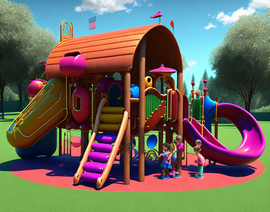 Vibrant playground with slides and climbing structures for children surrounded by nature.