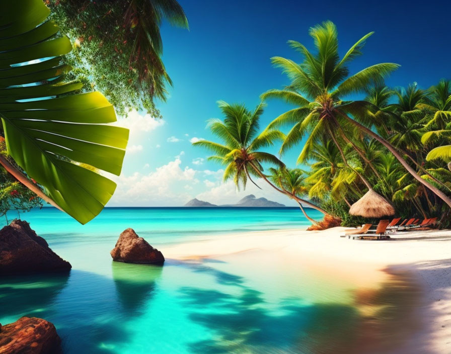 Sunny Tropical Beach with Blue Waters and Palm Trees