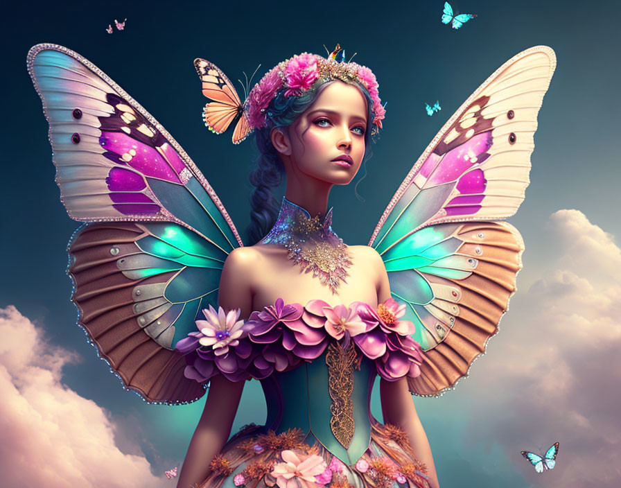 Mystical fairy with iridescent wings and butterflies in floral dress